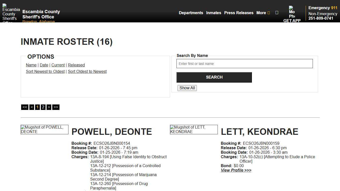Inmate Roster - Released Inmates Booking Date Descending - Escambia County Sheriff, AL